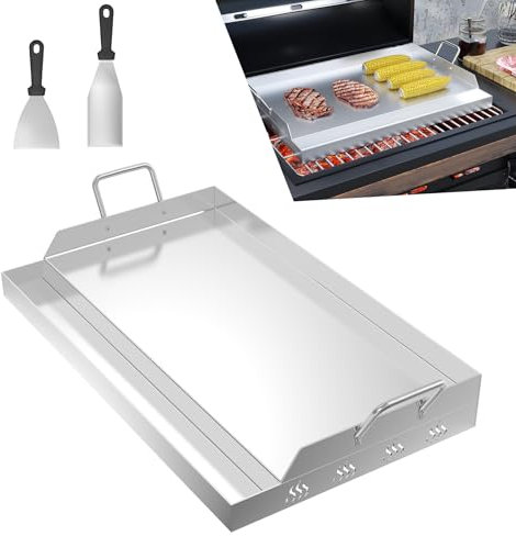 UISEBRT Piastra per barbecue in acciaio inox, 51 x 32 x 7 cm, con 2 spatole e manici, piastra per barbecue con grondaia, accessorio per barbecue a carbonella e a gas