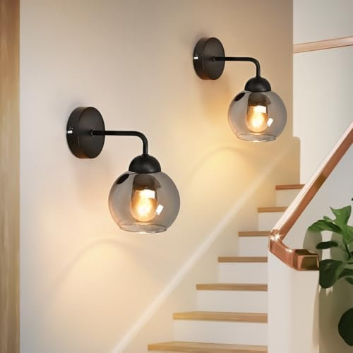 Kowanie 2er Wandlampe innen Vintage Wandleuchte E27: retro Wandbeleuchtung Schlafzimmer aus Glas Schwarz Flurlampe Wand im industrial Design Kugel Bettlampe für Wohnzimmer - Ohne Leuchtmittel
