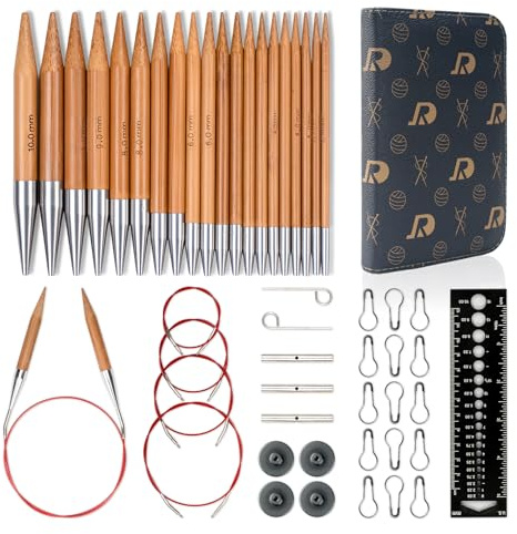 RUIDI Rundstricknadeln Set, Rundstricknadeln Set Austauschbar mit Tasche & Zubehör, 10 Paare Rundstricknadel-Set (10cm) in Größen von 3,5 mm bis 10 mm (Bambus)