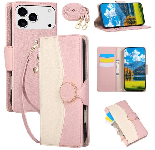 KLKLKTT Leather Wallet Card Holder Zipper Crossbody Phone Case for IPhone 17 Pro Max 17 Air 16 15 14 Plus 13 12 11 12 Mini Xs Xr X Cover,Pink,For iPhone 7