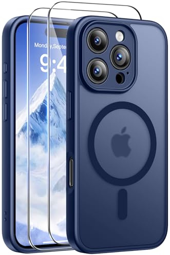 FLLAO for iPhone 16 Pro Case, Magnetic Bumper Case with 2X HD Screen Protector, Full Camera Protection, Military-Grade Shockproof, Slim Translucent Matte, Darkblue