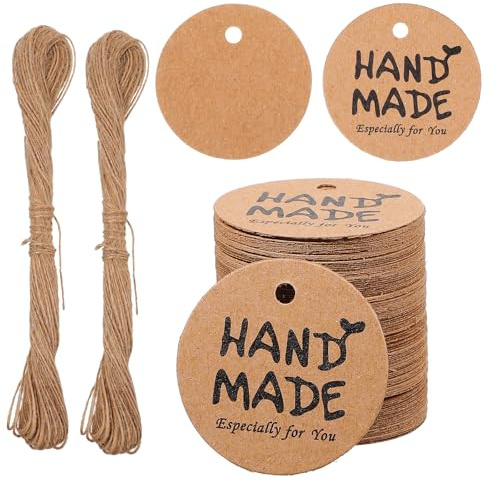 DOPENSPI 200 Stück Geschenkanhänger Kraftpapier,Handmade Label Anhänger | mit 40 Meter Jutekordel 3 cm Rund Gift Paper Tags Braune Etiketten Dekorative Hängeetiketten Handgefertigtes Geschenk