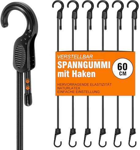 Verstellbar Spanngummi Mit Haken 60 cm, 6 Stück Robuste Expander Mit Haken Gepäckspanner Ladungssicherung für Camping, Sonnensegel, Tarpaulins, Abdeckplane Fahrrad, Auto, Dachträger