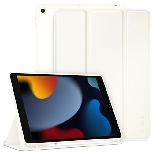 CACOE Funda Compatible con iPad 9a/8a/7a Generación,iPad 10.2 2020 2019 | Ranura Bolígrafo, Ultra Slim Protectora con Función de Soporte Compatible con iPad 10.2, Crema Blanca