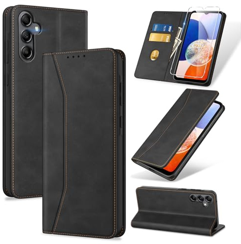 Phoona Coque pour Samsung Galaxy A14 5G/4G avec 1 Verre Trempé, Housse Premium en Cuir PU Portefeuille [RFID Blocage][Antichoc][Magnétique][Porte Cartes][Stand Fonction] Etui Flip Case Noir