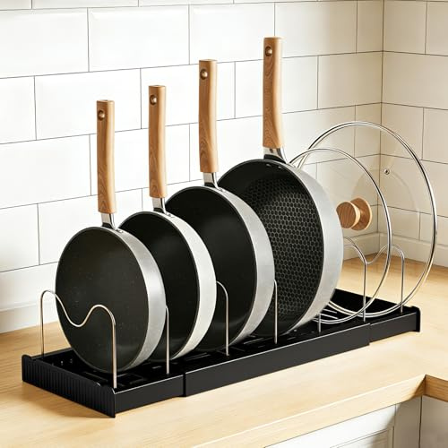 BORISCA Expandable Lid Rack Pan Organiser for Drawer with 10 Adjustable Dividers, Pan Drawer Organiser, Saucepan Lid Storage, Pot Bowls Plates (Black)