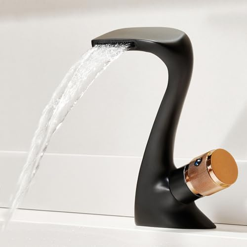 Générique Robinet de Lavabo Cascade à Levier 1 Trou Cuivre Noir Et Or Rose Mitigeur de Lavabo pour Salle de Bain