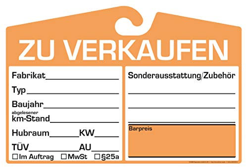 25x KFZ-Verkaufsschild zur Befestigung am Innenspiegel (orange, analoge Anzeige)