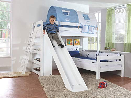 Froschkönig24 Etagenbett Sky Kinderbett mit Rutsche Spielbett Bett Weiß Stoffset Blau/Boy