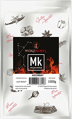 Würzteufel Ascorbat, Vitamin C Mild Gepuffert, Natürliches Antioxidationsmittel E301, 100% Rein, Pulver, Beutel 1000g