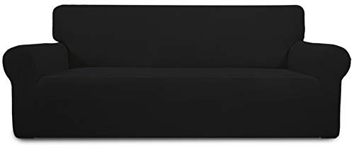 Greatime Stretch Sofabezug Sofaüberwurf Möbelschutz Sofaüberzug Couchbezug Couch Schild Sofahusse Weich mit Gummiband Schaumstreifen (Schwarz,3-Sitzer)