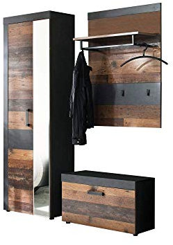 Newfurn Garderobe Komplettgarderobe Industrial Garderobenschrank Flurgarderobe Flurmöbel Schrank II 160x192x 37 cm (BxHxT) II [Damian.Three] in Old Wood/Graphit Grau Matera Flur Diele