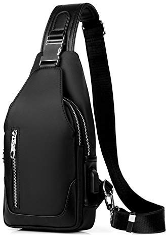 FANDARE Neu Brusttasche Herren Schultertasche Sling Bag Rucksack mit USB Umhängetasche Sporttasche für Wandern,Abenteuer,Sport, Reisen und Joggen Schwarz b