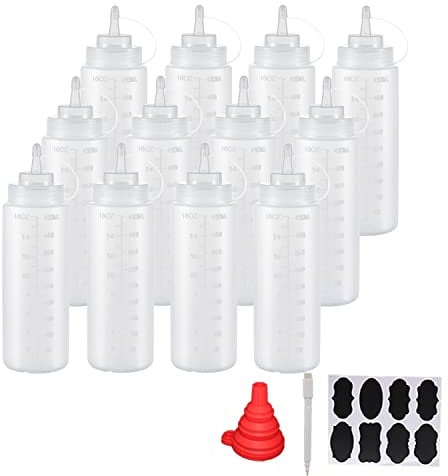 YBCPACK 12 Pack 16 oz(500ml) Plastic Squeeze Squirt Condiment Bottles with Twist On Cap Lids & Label, A Pen, 1 Funnel-Squeeze Sauce Bottles Dispenser for Condiment, Ketchup, Hot Sauce, Oil