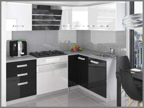 naka24 Eck Küchenzeile L-Form KOMPAKTO III Hochglanz Verschiedene Farbkombinationen (Weiss - Schwarz)