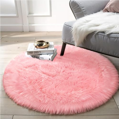 Ciicool Runder flauschiger Fell-Teppich für Schlafzimmer, rosa Kunstfell-Teppich, pelziger Kreis für Kinderzimmer, niedlicher pelziger Kinderzimmerteppich, Plüsch-Zottelteppich, Bodenteppiche für