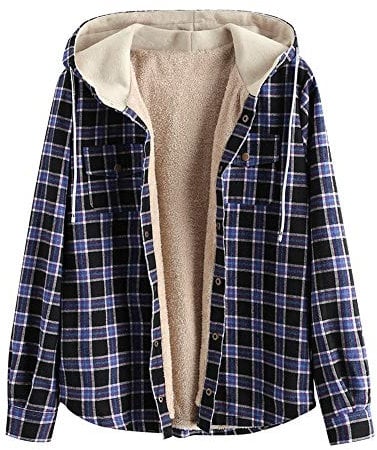 ZAFUL Herren Hoodie Jacke, Lange Ärmel Plaid Chest Pocket Fleece Kordelzug Herbst Winter Kapuzenjacke (Schwarz-1, L)