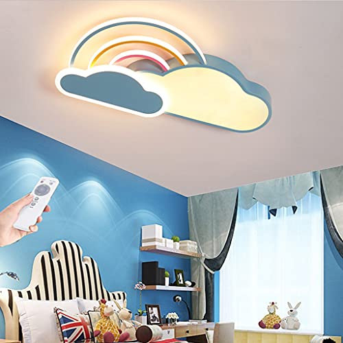 LED Deckenleuchte Kinderzimmer Deckenlampe Modern Cartoon Weiße Wolken Regenbogen Jungen Mädchen Deckenlicht Acryl Lampenschirm Fernbedienung Baby Schlafzimmer Wohnzimmer Kronleuchter,Blau,65cm