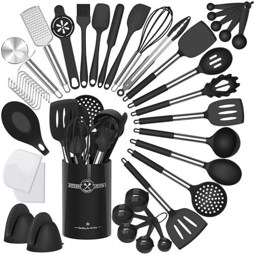 Umite Chef - Juego de utensilios de cocina de silicona, 43 piezas, resistentes al calor, juego de herramientas de cocina negras con asas de acero inoxidable para utensilios de cocina antiadherentes