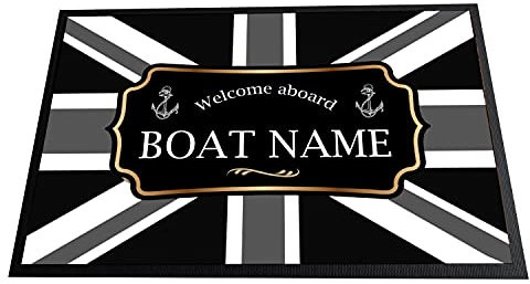 Personalised Boat Mat - narrow boat, sailboat, yacht, floor mat nautical Grey Union jack flag 60 x 40cm Door Mat