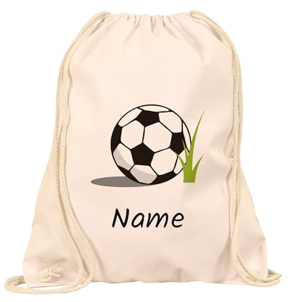 Turnbeutel Kinder Fußball personalisiert mit Namen, Baumwolle, Natur | Stoffbeutel mit Wunschname & Fußball-Motiv – für Kindergarten, Schule & Sport, aus 100 % Baumwolle