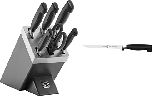 ZWILLING Selbstschärfender Messerblock, 7 teilig, grau, Vier Sterne & 1001581 Filiermesser, Klingenlänge: 18 cm, Schmales Klingenblatt, Rostfreier Spezialstahl/Kunststoff-Griff, Vier Sterne, Schwarz