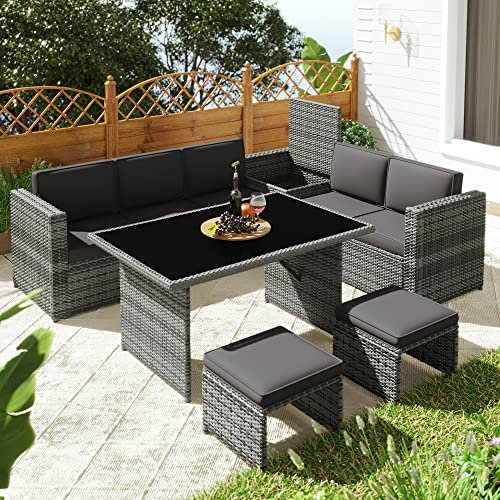 HESHU Rattan Corner Sofa Set 7-seater with Corner Storage Box, Garden Rattan Dining Sofa Garden Furniture Set Dining Table and 2 Stool Seat and Back Cushions【2022 UK NEW】
