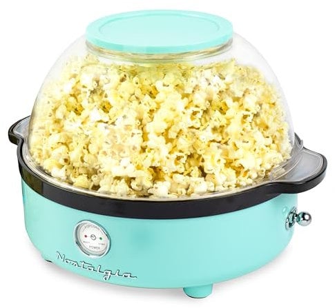 Nostalgia Classic Retro Electric Stirring Popcorn Maker, Makes 24 Cups, Large Lid Doubles as Serving Bowl, Quick Heat Technology, for Kettle Corn and Roasted Nuts, Aqua