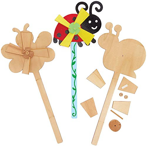 Baker Ross FC709 Käfer Windmühle Holz Bastelset - 4er Pack, Windrädchen Basteln für Kinder, Kindergeburtstage oder Kindergarten, Mittel