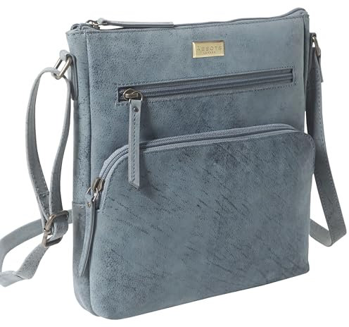 ASSOTS Leather Crossbody Bag for Women – Triple Zip Crossover Purse Travel Bag Fits iPad Pro 11” (Agatha - Denim Distressed)