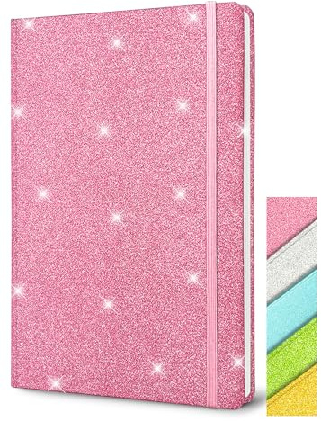 Pink Glitter Notebook A5 Hardback, 8.3x5.7 Inches 160 Pages Never Peel Off Glitter Lined Notebook for Girls Cute Teenager Journal for Women Blank Hardcover Notepads for Work Girls Gift