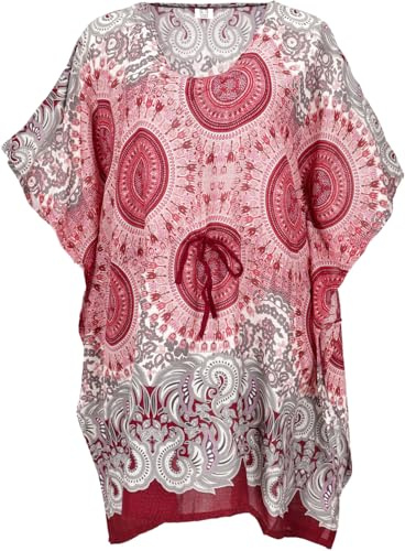 GURU SHOP Poncho, Mandala Tunika, Boho Kaftan, Kurzarm Strandtunika Für Starke Frauen - Rot, Damen