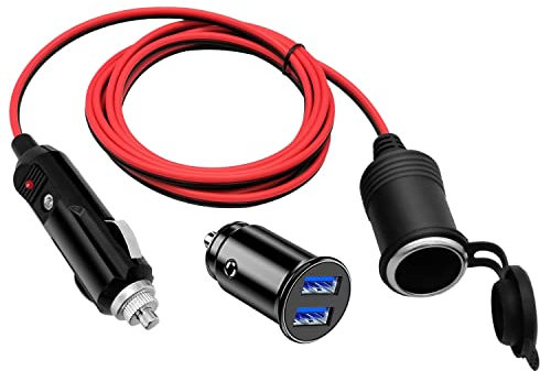 Giantdeer 1,5M 12V Prolunga Presa Accendisigari, Cavo Prolunga Accendisigari 17AWG con Fusibile 15A, Cavo di Prolunga per Presa Accendisigari +Doppia Porta Mini Caricatore per 12V/24V Auto