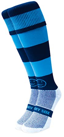 WackySox - Navy Blue and Sky Blue Hoop Rugby Socks, Sports Socks, Mens Socks, Perfect Socks for Riding, Football, Running, Hockey and other Sports Activities