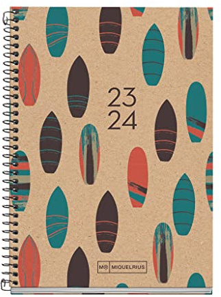 Miquelrius - Kalender 23-24, September 2023 bis Juni 2024, Größe 11,7 x 17,4 cm, Wochenansicht, recycelter Kalender, Surfen, Katalanisch-Englisch