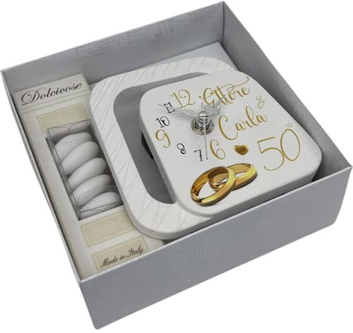 Regalami.shop bomboniera orologio cm 11x12 in marmo di carrara personalizzata, disponibile per tutte le cerimonie, completa di tutto, prodotto made in Italy (cimquantesimo)