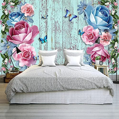 Papiers Peints De Cuisine, Papier Peint Photo 3D Fleurs De Planche De Bois Bleu Vintage Peintures Murales Auto-Adhésives Art Mur Photo Impression Photo Design Papier 400 (largeur) x 280 (hauteur) cm