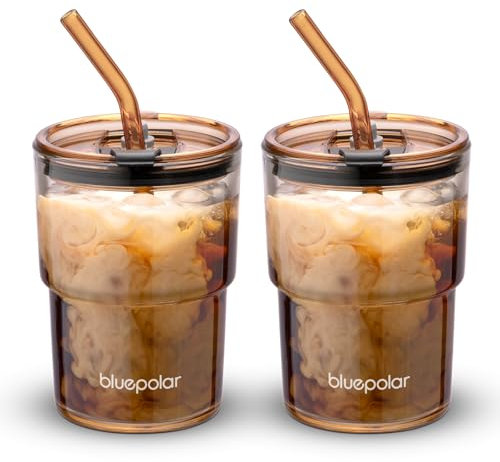 BLUEPOLAR 13oz/400ml Glass Water Tumbler with Straw and Lid Sealed Carry On Thick Wall Iced Coffee Cup Glass Cup for Water, Iced Tea Fruit Juice Etc (Amber,2Pack…