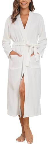 Sopesil Peignoir en Coton Pour Femme,Kimono Femme Nuit avec Col en V Longues Manches Robe de Nuit Femme avec Poches, Blanc,M