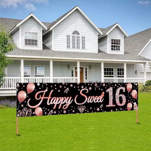 16. Geburtstag Dekoration für Mädchen, Sweet 16 Geburtstag Banner Schwarz und Rose Gold, Stoffschild Poster für Mädchen Geburtstag Party Willkommensschild Gartendekoration