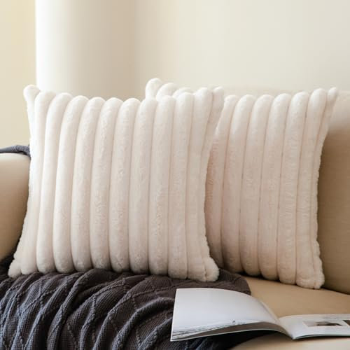 mosayt Kissenbezug 45x45 Fell Plüsch 2er Set Creme Ultra weich flauschig Boho Deko Weihnachten Sofa Kissenbezüge Kissenhülle Dekokissen Couchkissen Sofakissen Wohnzimmer Herbst Winter