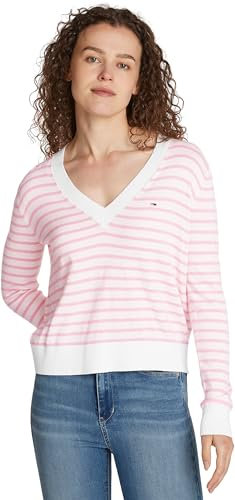 Tommy Jeans Pull Femme Col en V, Multicolore (Ballet Pink / Stripe), 5XL