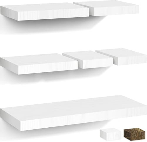ZONITOK Floating Shelves Wall Mounted Set of 6, Hanging Shelf with Invisible Bracket, Wood Wall Shelves for Display Living Room Kitchen Bathroom Office Wall Storage and Decor (White, 5 Sizes)
