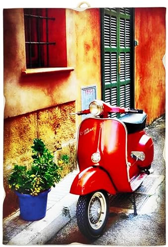 KUSTOM ART Bild im Vintage-Stil, Serie Rotes Motorrad, Scooter, Kunstdruck auf Holz, 25 x 18 cm, Dekoration für Restaurants, Pizzerien, Bars