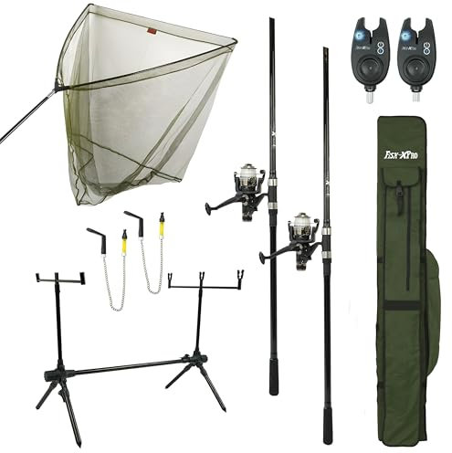FISH-XPRO Karper Set Deluxe 2-Rod - Le kit de pêche le plus complet - Ensemble de canne à pêche à la carpe Noir - Détecteurs de morsure - Échangistes - Rodpod - Supports arrière - Foudrale - Épuisette