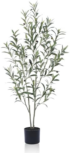 SOGUYI Olivo Artificiale, Pianta Artificiale Olivo da 120 cm con Tronco in Legno Naturale e Frutti Realistici per la Decorazione di Casa e Ufficio - Grandi Piante Artificiali per Uso Interno