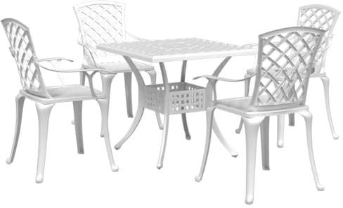 vidaXL Garten Essgruppe 5-TLG., Gartentisch mit Schirmloch, Sitzgruppe für Garten Terrasse, Gartengarnitur Gartenmöbel, Industrieller Stil, Weiß Aluminiumguss