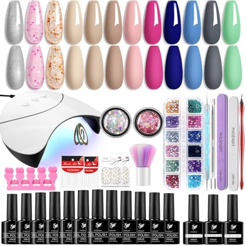 PHOENIXY Gel Nail Kit, 12 Nude Colour Gel Nail Polish Set with Lamp Starter Kit Glossy Matte Top Base Coat U V Nail Kit Gift for Women