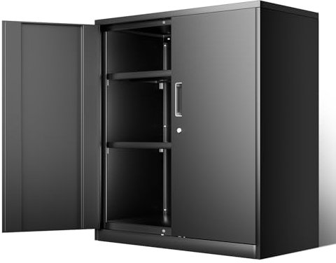 DNA MOTORING TOOLS-00631-BK-BK Metallschrank mit 2 Türen und 2 verstellbaren Einlegeböden, robuster Werkzeugschrank aus Metall, für Garage, Büro, Haus, Fitnessstudio, Schwarz