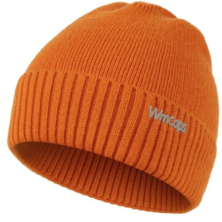 Wmcaps Wintermütze, Mütze Herren Damen Strickmütze Winter Cuffed Plain Hat Komfortabel Atmungsaktiv Weich Stretchy Warm Mütze mit Reflektierendem Logo Geschenke für Männer Frauen, Orange